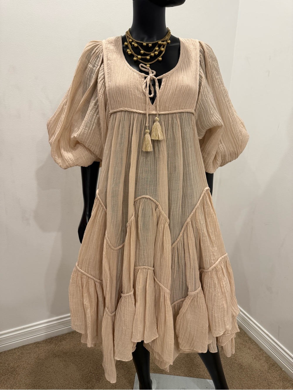Zimmermann Ramie Cotton Balloon Sleeve Tiered Boho Midi Dress Size 2 NWOT